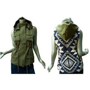 Hooded Aztec Print Safari Vest Olive Green Black and White Junior L MIsses M